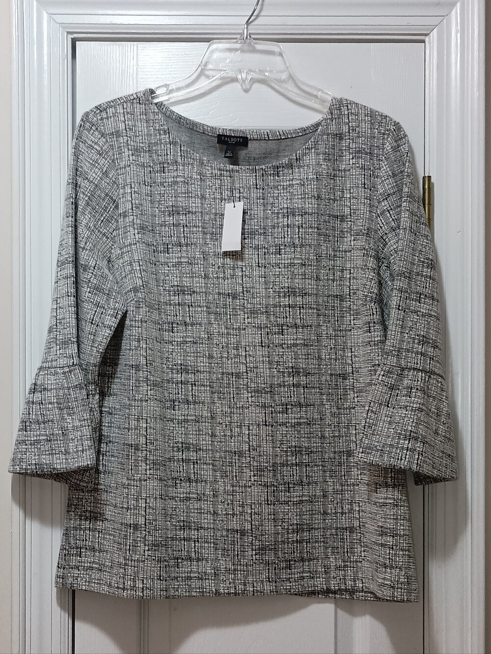 Talbots Gray White Cross Hatch 3/4 Bell Sleeve Pullover Blouse Size Large Petite
